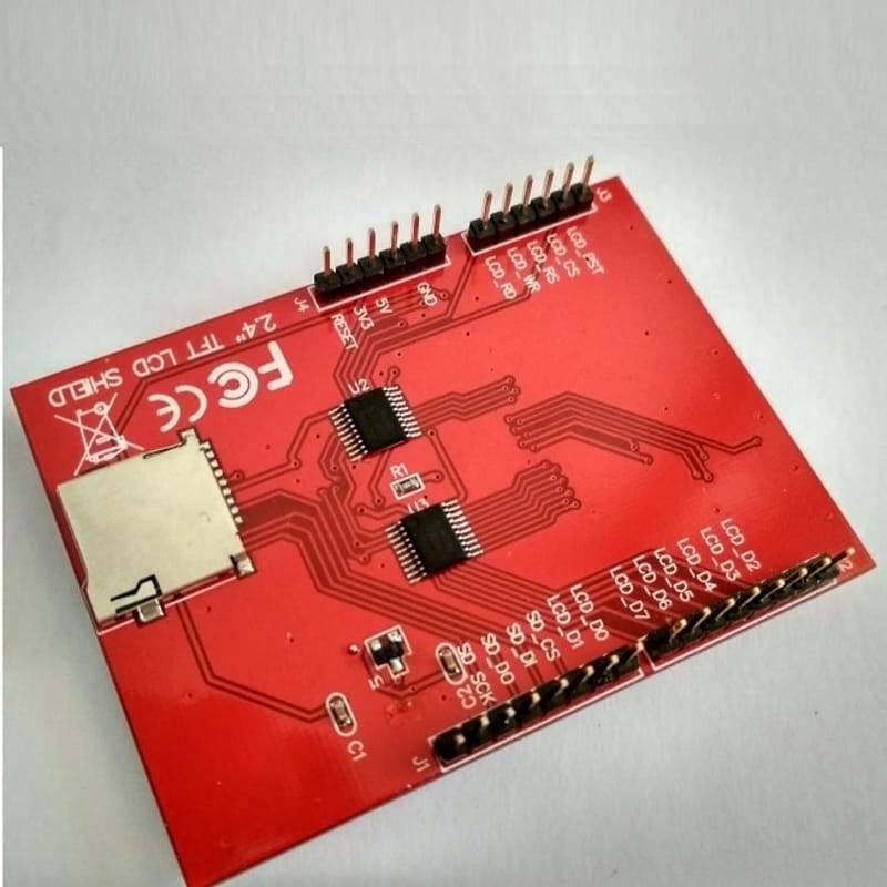 2.4 Inch TFT LCD Shield For Arduino ESP32 Solar Inverter - the red bottom side of the PCB with an SD card slot, two integrated circuits, and header pins.