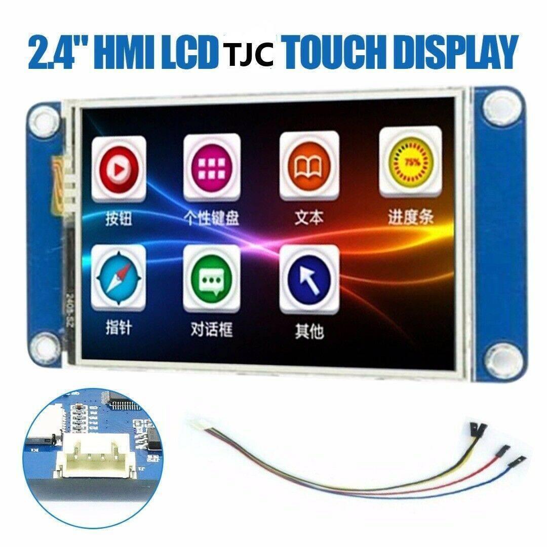 2.4 Inches Tjc HMI LCD Display Module Touch Screen For Raspberry Pi - a rectangular screen with a graphical interface, a close-up of the connector, and a wire harness.