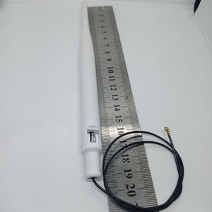 2.4GHz-5.8GHz 5db Wi-Fi Antenna With Ipex Connector - shown with a black cable and connector next to a metal ruler for scale.