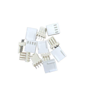 2.54mm 4-pin Male Female Connector - a collection of white plastic 4-pin male and female header connectors scattered on a white background.