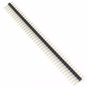 2.54mm Pitch 40 Pin Male Header - a long, straight row of silver metal pins held together by a black plastic strip.