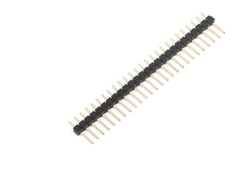 2.54mm Pitch 40 Pin Male Header - a long, straight row of forty individual gold-colored metal pins held together by a black plastic base.