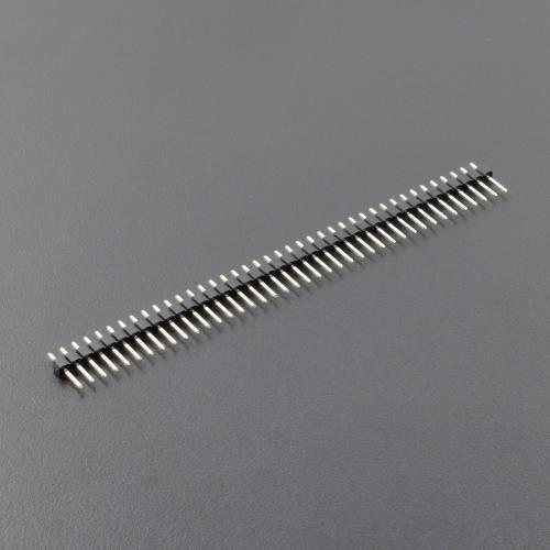 2.54mm Pitch 40 Pin Male Header - shown as a single straight row of silver metal pins connected by a thin black plastic strip against a grey background.