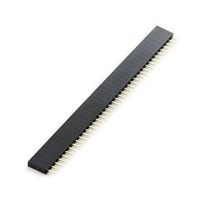 2.54mm Pitch 40 Pin Single Row Female Header Strip - a long, black plastic connector strip with a single row of 40 gold-colored metal pins.