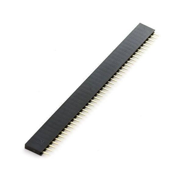 2.54mm Pitch 40 Pin Single Row Female Header Strip - a long, black plastic connector strip with a single row of 40 gold-colored metal pins.