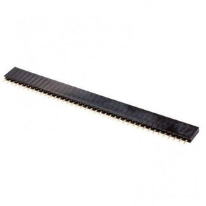 2.54mm Pitch 40 Pin Single Row Female Header Strip - shown as a long, black plastic connector strip with a single row of metal pin sockets.