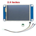 2.8 Inch Nextion TFT HMI LCD Touchscreen NX3224T028 - shown with a blue rectangular display, a small micro-USB breakout board, and a four-pin connector cable.