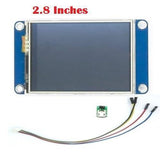 2.8 Inch Nextion TFT HMI LCD Touchscreen NX3224T028 - shown with a blue rectangular display, a small micro-USB breakout board, and a four-pin connector cable.