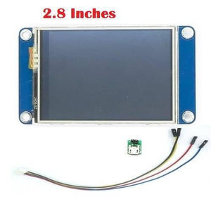 2.8 Inch Nextion TFT HMI LCD Touchscreen NX3224T028 - shown with a blue rectangular display, a small micro-USB breakout board, and a four-pin connector cable.