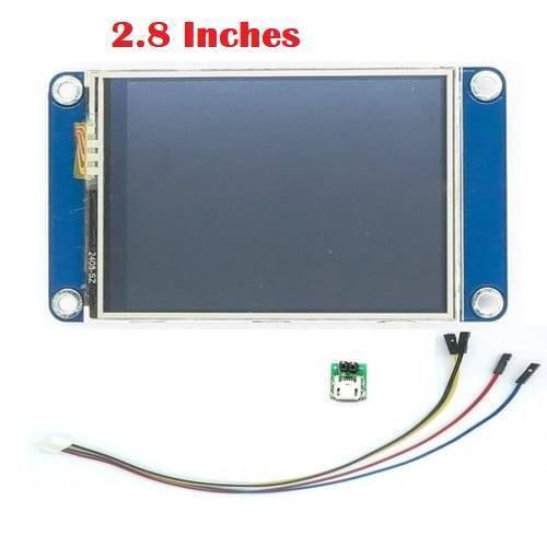 2.8 Inch Nextion TFT HMI LCD Touchscreen NX3224T028 - shown with a blue rectangular display, a small micro-USB breakout board, and a four-pin connector cable.