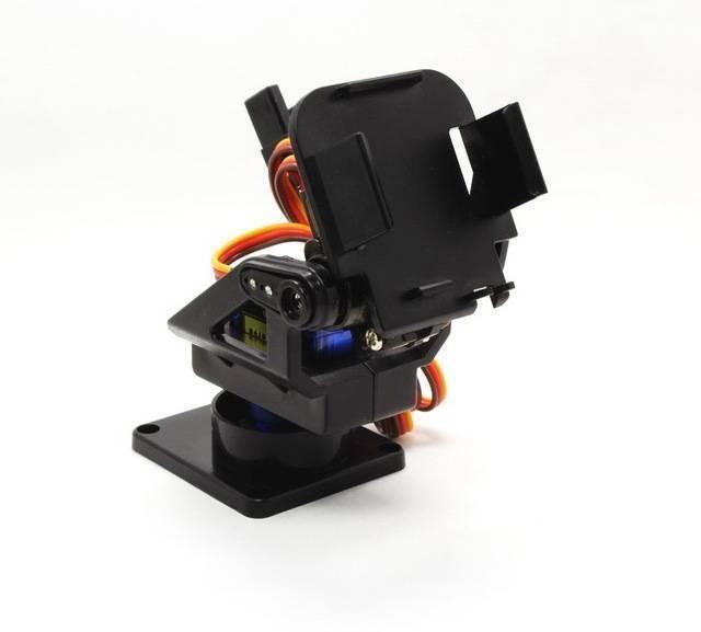2 Axis Pan Bit Tilt Brackets For SG90 And MG90 Servo Motor - shown as a black plastic assembly with two servos and attached multi-colored wiring.