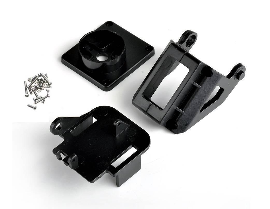2 Axis Pan Bit Tilt Brackets For SG90 And MG90 Servo Motor - shown as a set of black plastic mounting components with a small bag of assembly screws.