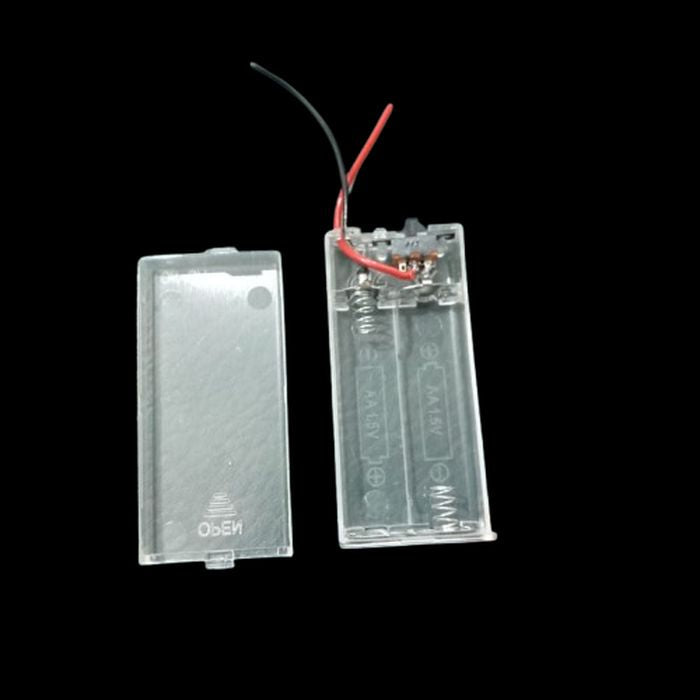 2 Cell AA Battery Box Transparent Battery Holder With Switch And Cover Container - the open case, battery slots, wiring, and a toggle switch.