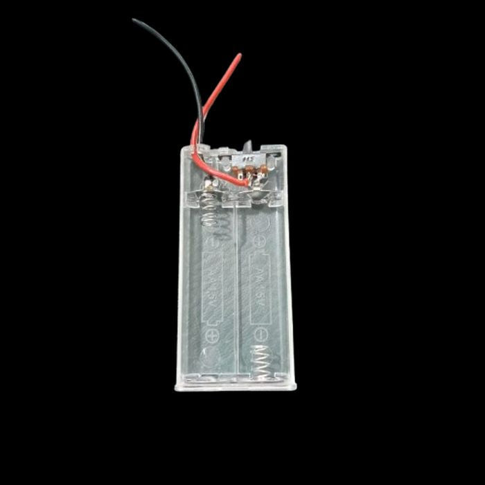 2 Cell AA Battery Box Transparent Battery Holder With Switch And Cover Container - small black switch and red and black wire leads.