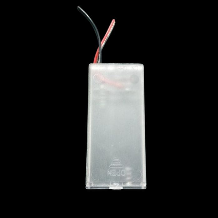 2 Cell AA Battery Box Transparent Battery Holder With Switch And Cover Container - sliding cover, internal battery slots, and red and black wires.