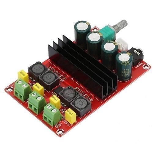 2 Channel 2x 51k Xh M190 Audio Amplifier Board TDA3116D2 - a red circuit board with a black heatsink, four capacitors, a volume knob, and green terminals.