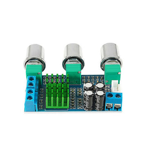 2 Channel Digital Power Amplifier Board 2x80w XH-M567 TPA3116D2 Audio Control Amplifier - a blue circuit board with three silver knobs, a green heatsink, and blue terminals.