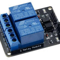2 Channel Relay Module Relay Board Arduino Relay Module With Optocoupler - a black circuit board with two blue Songle relays, a blue screw terminal block, and a row of input pins.