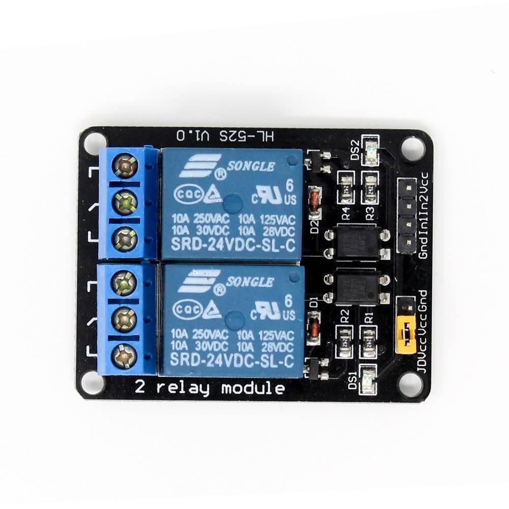 2 Channel Relay Module Relay Board Arduino Relay Module With Optocoupler - a black rectangular circuit board with two blue Songle relays, screw terminals, and pin headers on a white background.