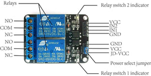 2 Channel Relay Module Relay Board Arduino Relay Module With Optocoupler - with two blue Songle relays, screw terminals for NO, COM, and NC connections, and labeled input pins with a power select jumper.