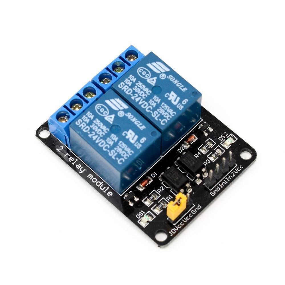 2 Channel Relay Module Relay Board Arduino Relay Module With Optocoupler - a black circuit board with two blue Songle relays, screw terminals, indicator LEDs, and input pins with a yellow jumper cap.