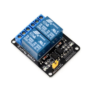 2 Channel Relay Module Relay Board Arduino Relay Module With Optocoupler - a black circuit board with two blue Songle relays, screw terminals, indicator LEDs, and input pins with a yellow jumper cap.