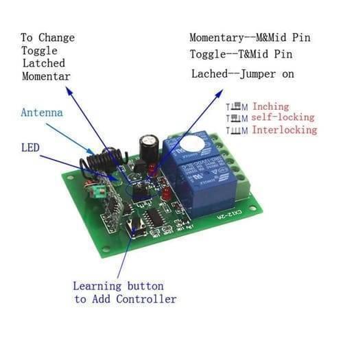 2 Channel RF Wireless System Remote Control Switch Module With Shell 12V 10A 315MHz For Smart Home - a green circuit board with two blue relays, an antenna, LED, and learning button.