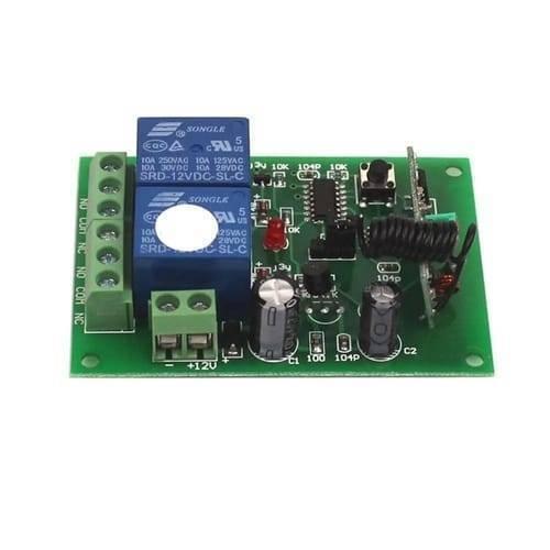 2 Channel RF Wireless System Remote Control Switch Module With Shell 12V 10A 315MHz For Smart Home - a green circuit board with two blue relays, a black coil, and a power terminal block.