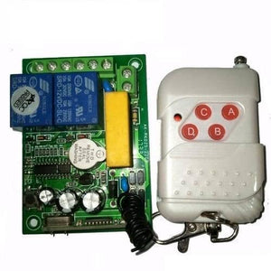 2 Channel Wireless 433MHz Remote Control Switch Module Ak RK02S 220B With RF Remote Controller Transmitter - a green circuit board with two blue relays and a white four-button remote.