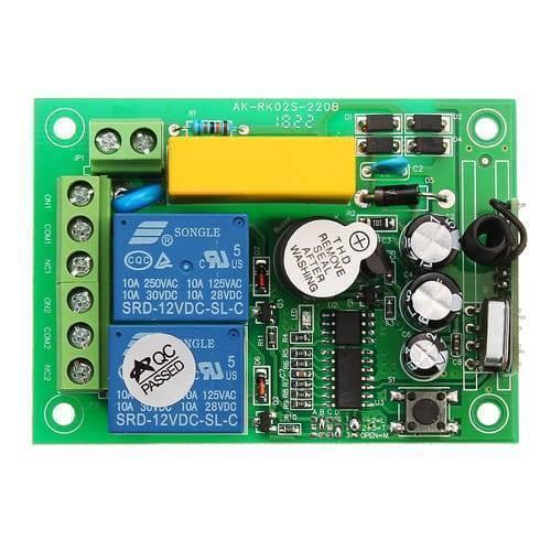2 Channel Wireless 433MHz Remote Control Switch Module Ak RK02S 220B With RF Remote Controller Transmitter - a green rectangular circuit board with two blue relays, screw terminals, and a button.