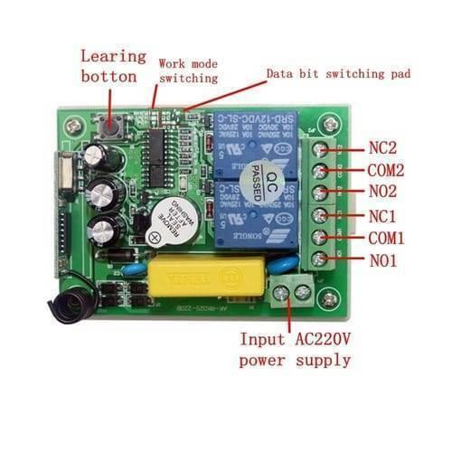 2 Channel Wireless 433MHz Remote Control Switch Module Ak RK02S 220B With RF Remote Controller Transmitter - the green circuit board with two blue relays, screw terminals, and buttons.