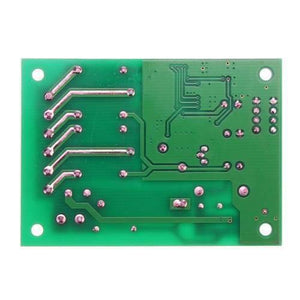 2 Channel Wireless 433MHz Remote Control Switch Module Ak RK02S 220B With RF Remote Controller Transmitter - bottom view showing the green printed circuit board with soldered pins and traces.