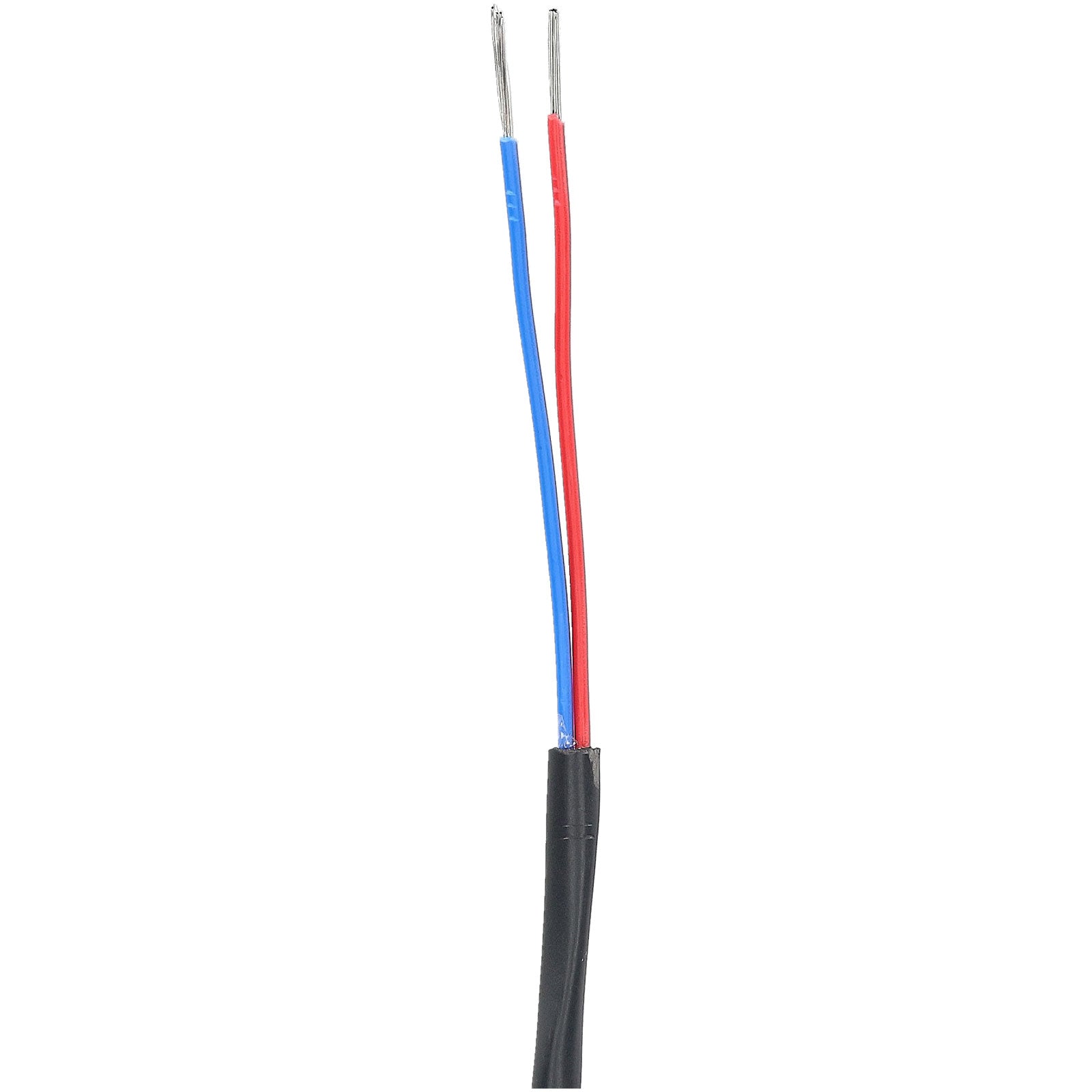 2 Core Signal Cable - a black outer sheath with two exposed, stripped wire ends in red and blue insulation.