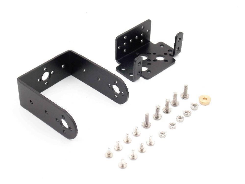 2 Dof Short Pan And Tilt Servo Bracket Mount Kit - two black metal brackets with a set of included mounting screws, nuts, and a brass bushing.