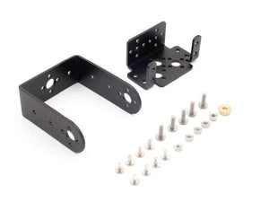 2 Dof Short Pan And Tilt Servo Bracket Mount Kit - two black metal brackets with a set of included mounting screws, nuts, and a brass bushing.
