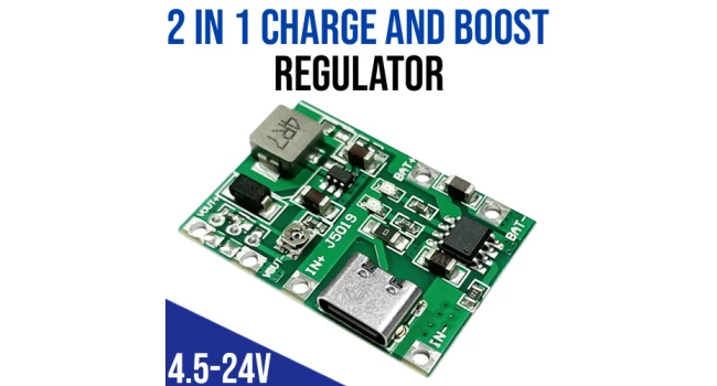 2 In 1 Charge And Boost Regulator Module 4.5-24V - USB Type-c J5019 - a green circuit board with a USB-C port, inductor, and labeled solder pads.