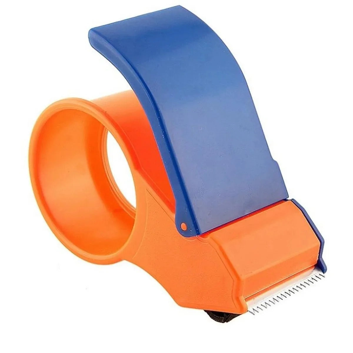 2 inch Cutting packing hand tape dispenser (Only for Lahore) - an orange plastic frame with a blue hinged flap and a serrated metal cutting blade.