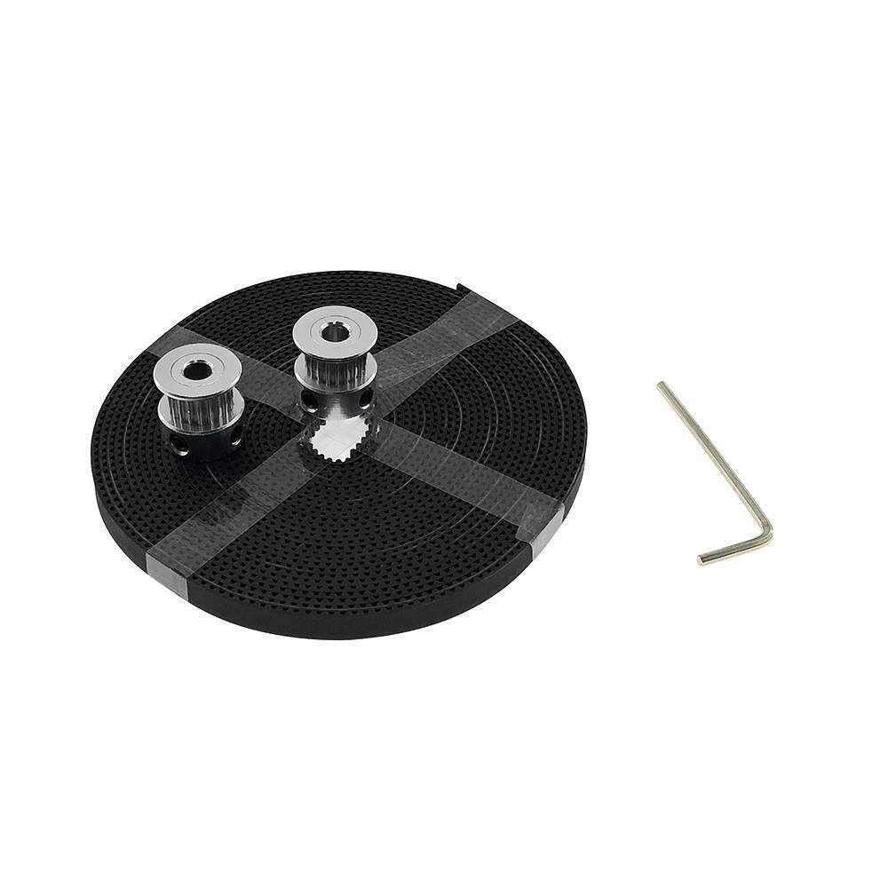 2 Meter GT2 Timing Belt With 2pcs Of 5mm GT2 Pulley 16 Teeth - shown as a coiled black belt with two silver pulleys and an L-shaped hex key.