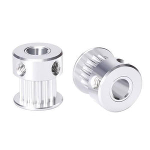 2 Meter GT2 Timing Belt With 2pcs Of 5mm GT2 Pulley 16 Teeth - two silver-colored aluminum GT2 timing pulleys with 16 teeth and set screw holes.