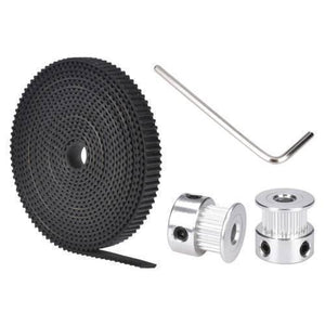 2 Meter GT2 Timing Belt With 2pcs Of 5mm GT2 Pulley 16 Teeth - kit includes a coiled black timing belt, two silver metal pulleys, and an L-shaped hex key.