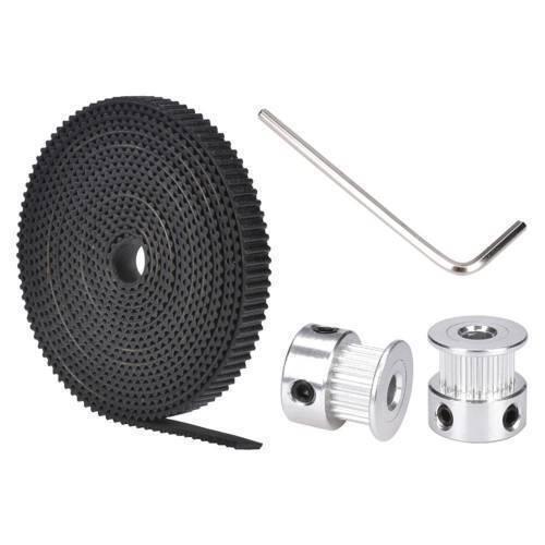 2 Meter GT2 Timing Belt With 2pcs Of 5mm GT2 Pulley 16 Teeth - kit includes a coiled black timing belt, two silver metal pulleys, and an L-shaped hex key.