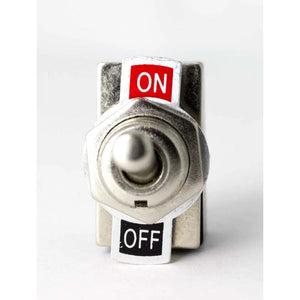 2 Pi̇n On-off Toggle Swi̇tch - a silver metal toggle switch with a central lever and a plate labeled with red "ON" and black "OFF" text.