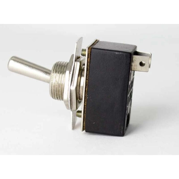 2 Pi̇n On-off Toggle Swi̇tch - a silver metal lever, a threaded mounting neck, and a black rectangular body with two metal terminal tabs.