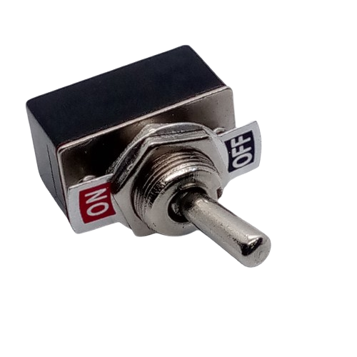 2 Pi̇n On-off Toggle Swi̇tch - a metallic lever, a threaded mounting base, and a black rectangular body with an ON-OFF indicator plate.