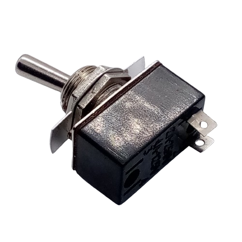 2 Pi̇n On-off Toggle Swi̇tch - a small black rectangular switch featuring a silver metal toggle lever and two metal connector pins on the side.