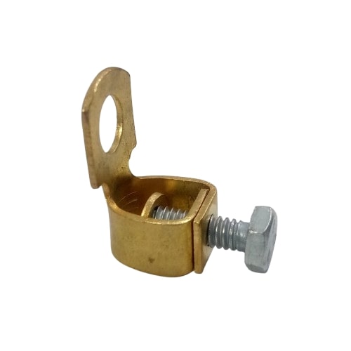 2 piece (pair) Battery Terminal Connector copper - a single brass-coloured metal terminal clamp featuring an upright mounting hole and a silver-coloured tightening bolt.