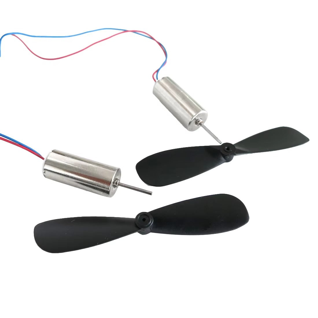 2 Pieces 1 Pair Helicopter Coreless Micro DC Motor with Propeller - two silver cylindrical motors with red and blue wires and two black propellers.