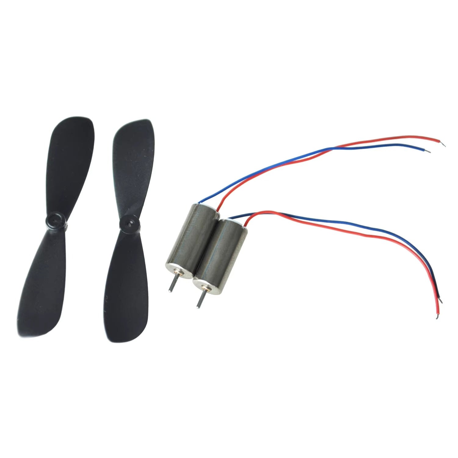 2 Pieces 1 Pair Helicopter Coreless Micro DC Motor with Propeller - two silver cylindrical micro DC motors with red and blue wires and two black propellers.