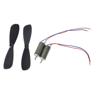 2 Pieces 1 Pair Helicopter Coreless Micro DC Motor with Propeller - two silver cylindrical micro DC motors with red and blue wires and two black propellers.