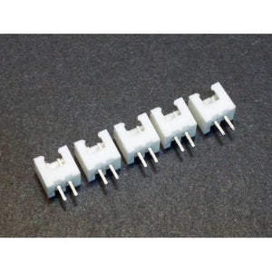 2 Pin 2.54mm JST Xh Style PCB Mount Male Connector - five white plastic two-pin male connectors arranged in a row on a dark surface.